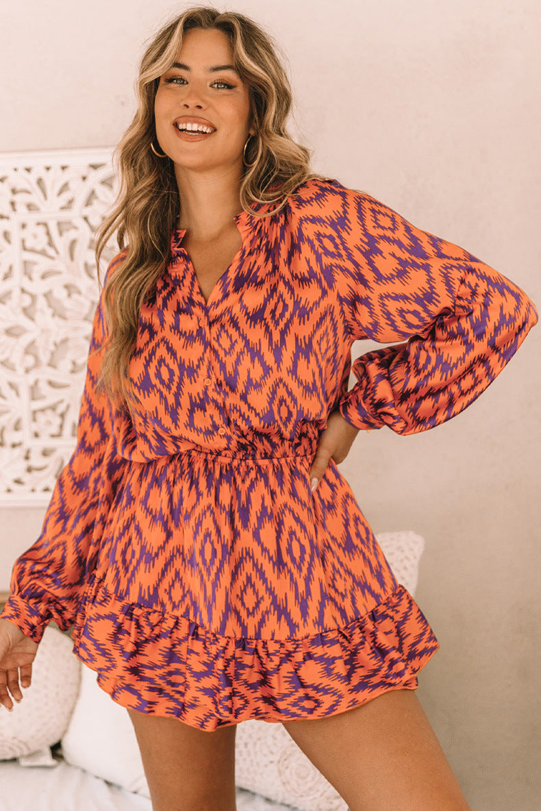 Personalized Design Sense Printed Waist-controlled Jumpsuit Women's Summer New Ruffled