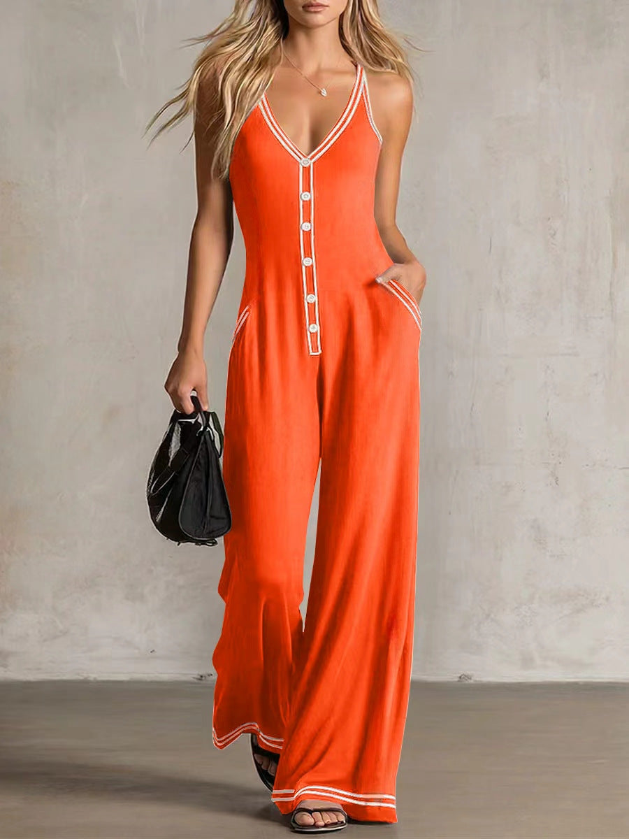 Chic French-Style Color-Block Button Strap Jumpsuit