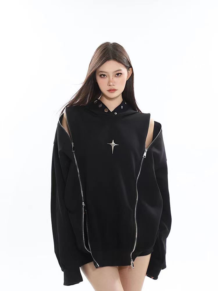 New Niche Shoulder Zipper Hooded Sweater Women's American Retro