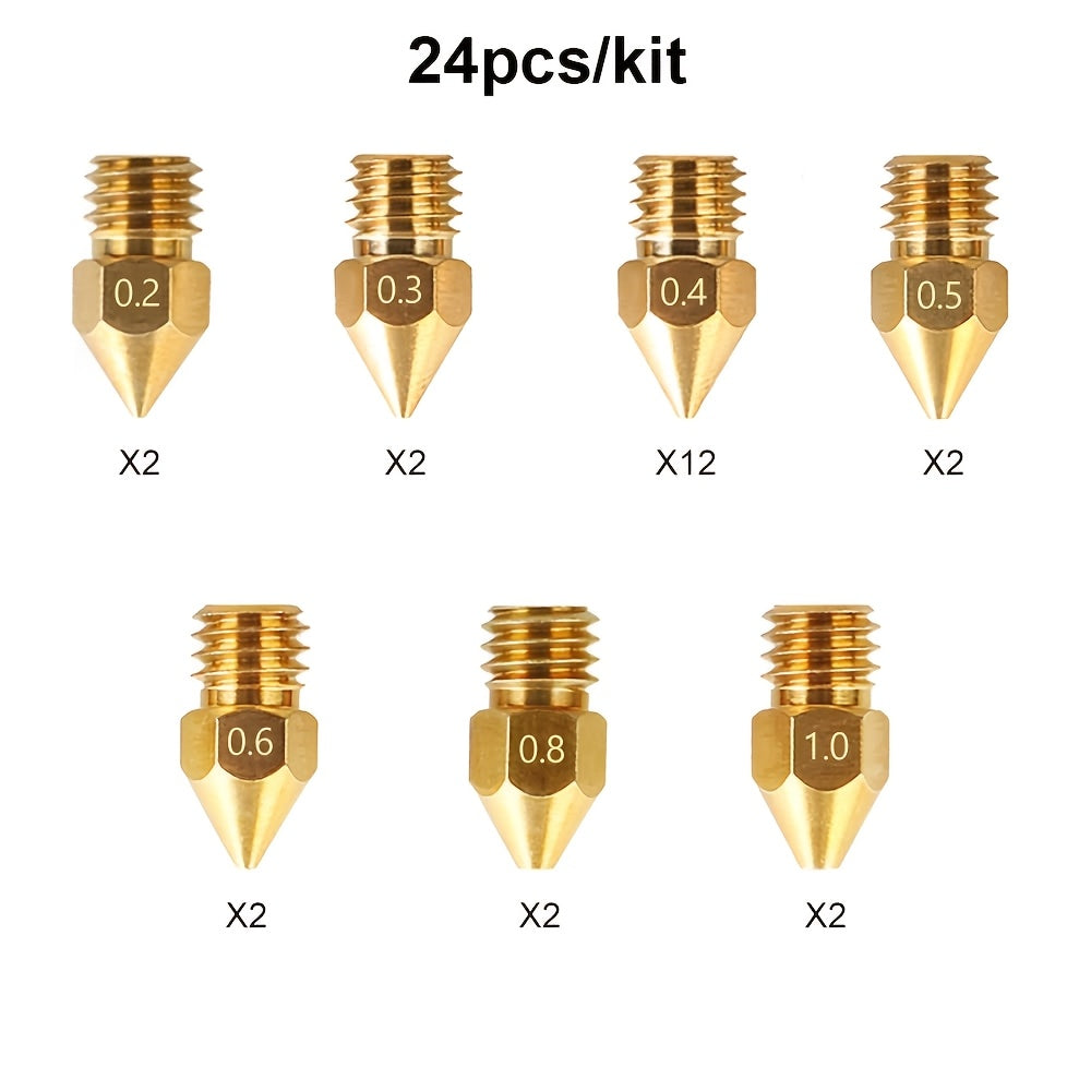 24‑Piece Assorted 3D Printer Nozzle Set (0.2 mm–1.0 mm, M6 thread, 1.75 mm filament)