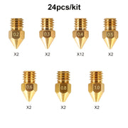24‑Piece Assorted 3D Printer Nozzle Set (0.2 mm–1.0 mm, M6 thread, 1.75 mm filament)