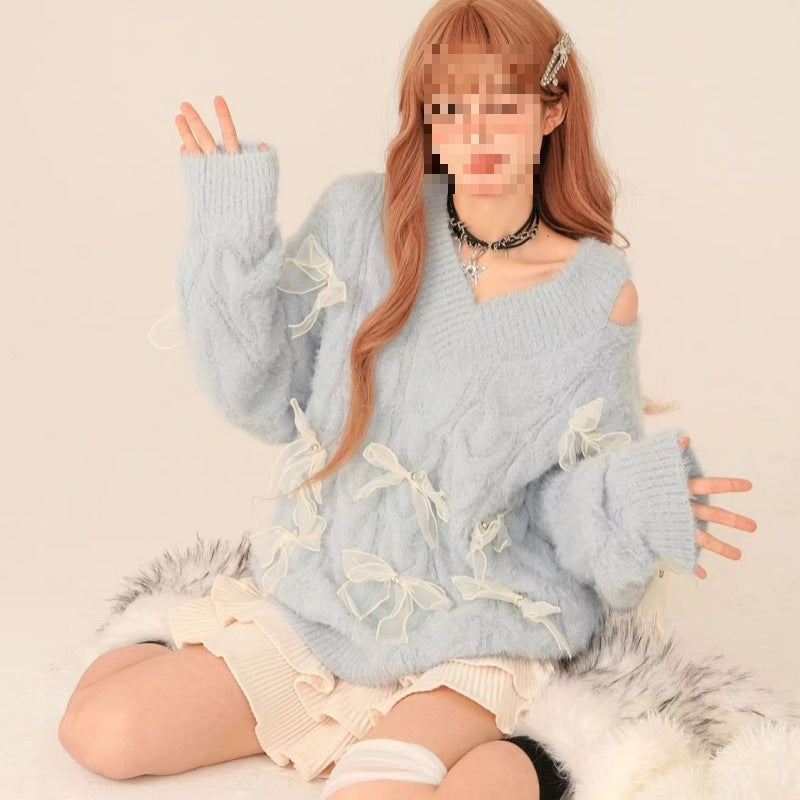 Fleece-lined Lazy Bow Jacket Long-sleeved Sweater
