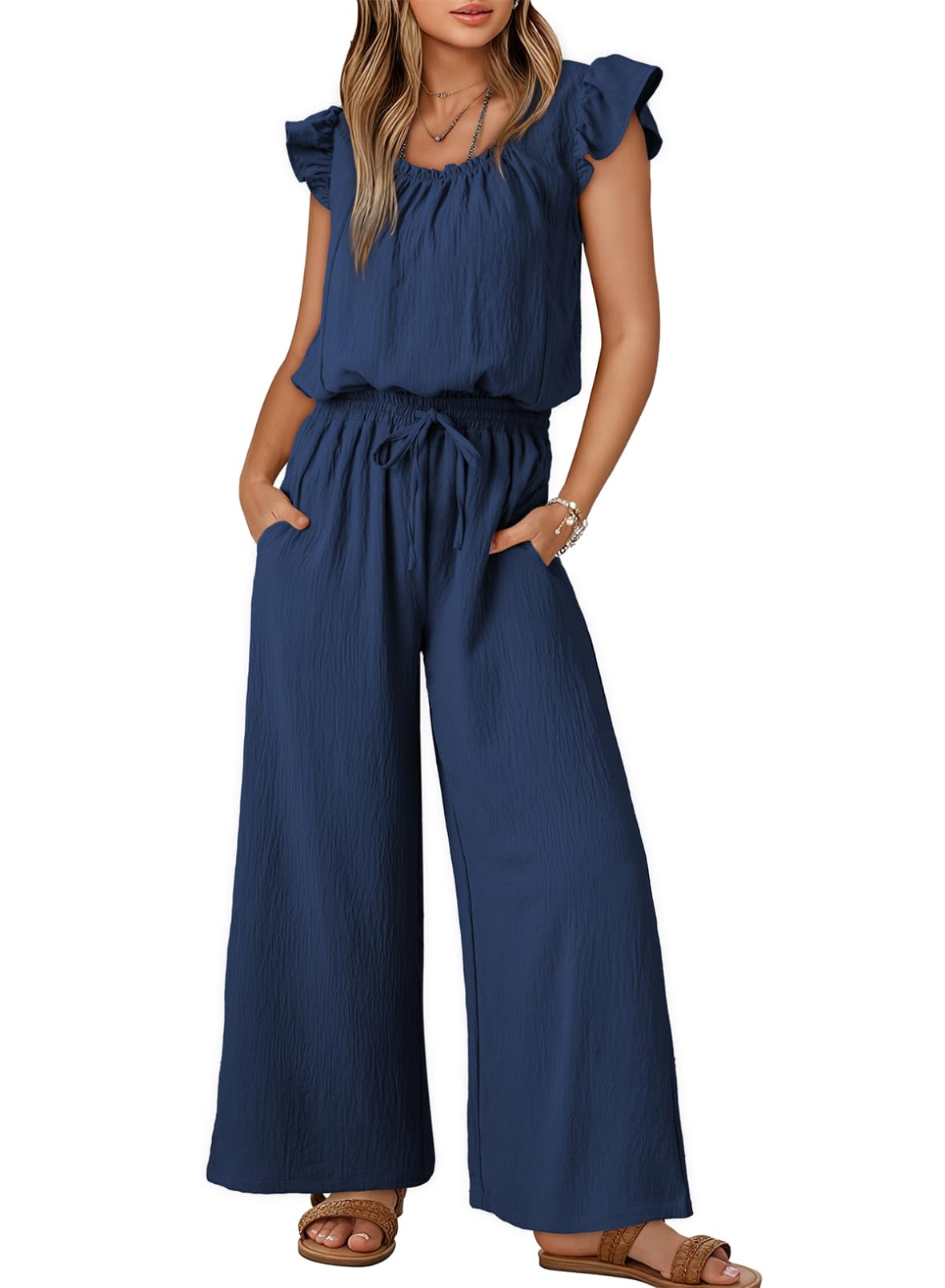 Chic Pleated Square Collar Camisole & Wide Leg Jumpsuit