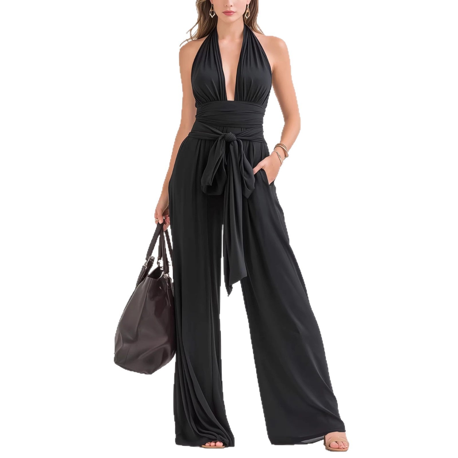 Halter-Neck V-Neck Solid Jumpsuit