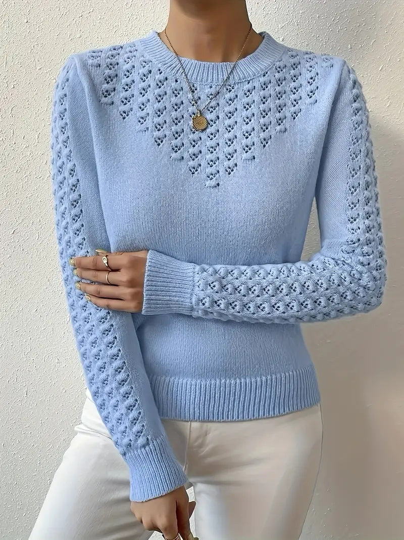 Womens Hollow-out Knitted Sweater with a Crew Neck and Long Sleeves, Slim-fit Design