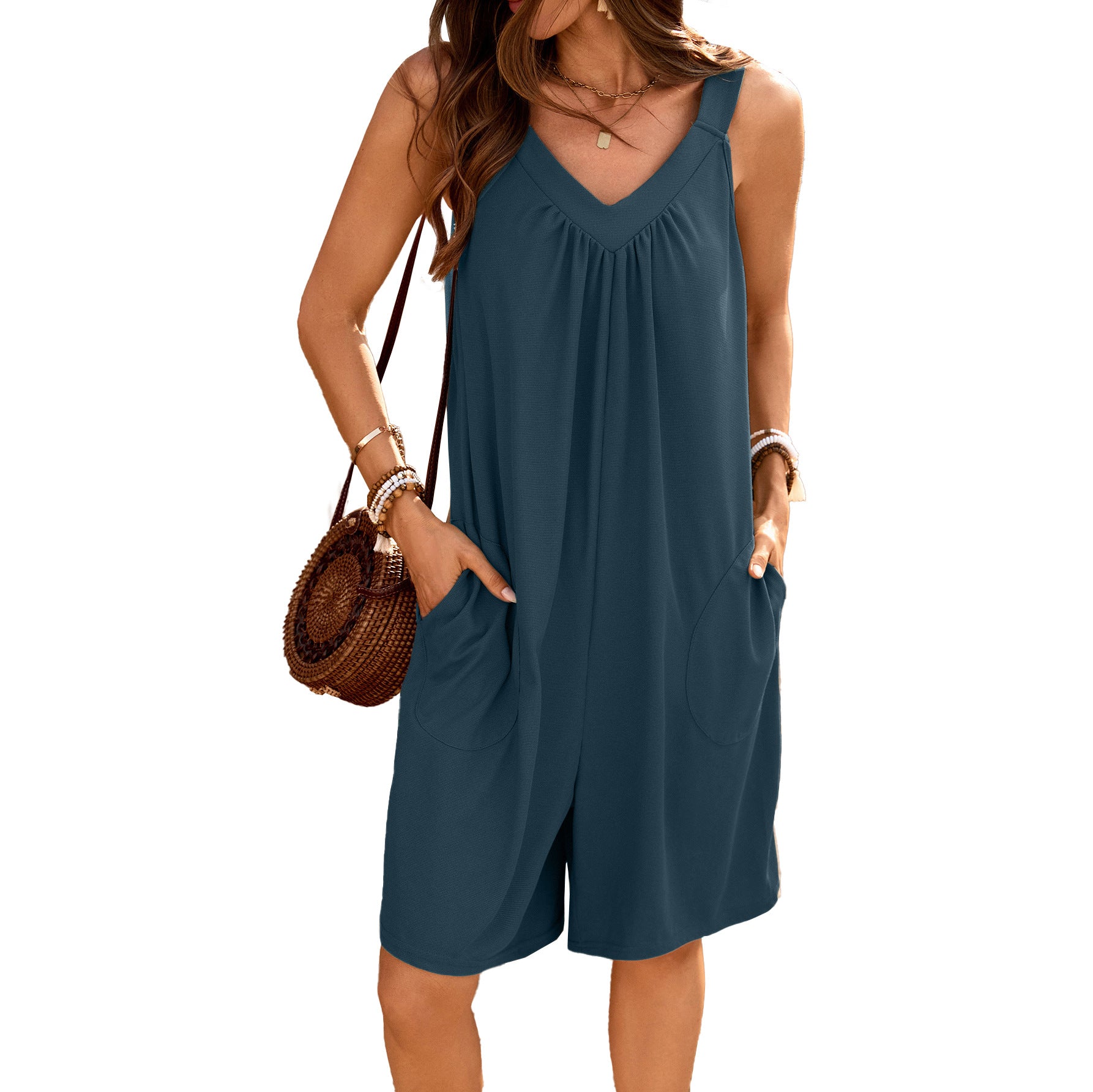 Chic V-Neck Sleeveless Wide-Leg Jumpsuit with Pockets
