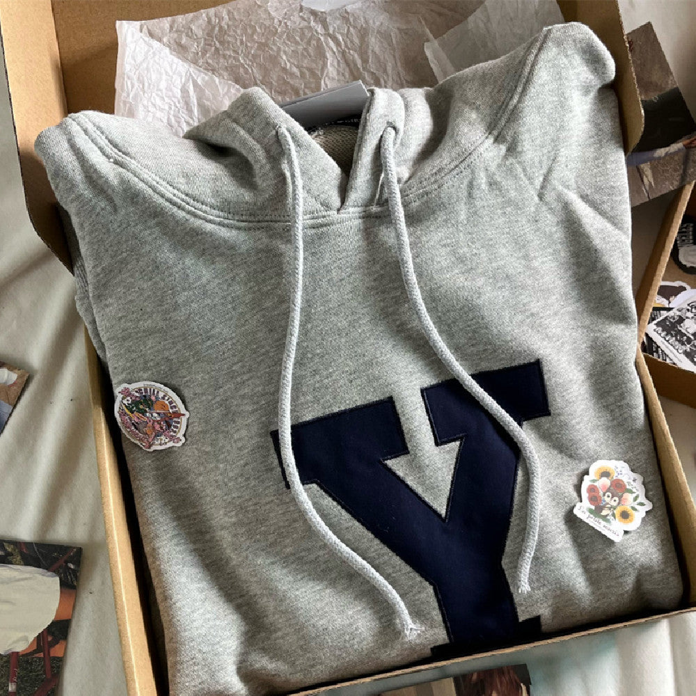 Women's Gray Letter Patch Pullover Hooded Sweatshirt