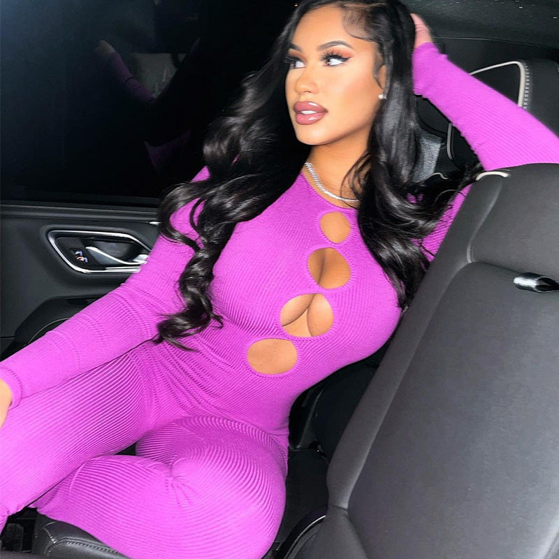 Tight Jumpsuit Solid Color Pullover Long Sleeve One-piece Trousers