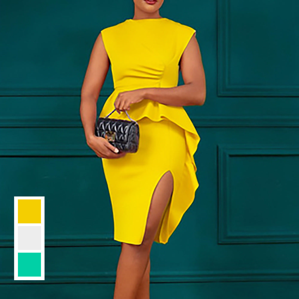 Summer New Solid Color Pleated Flounce Trim Slit Sheath Dress