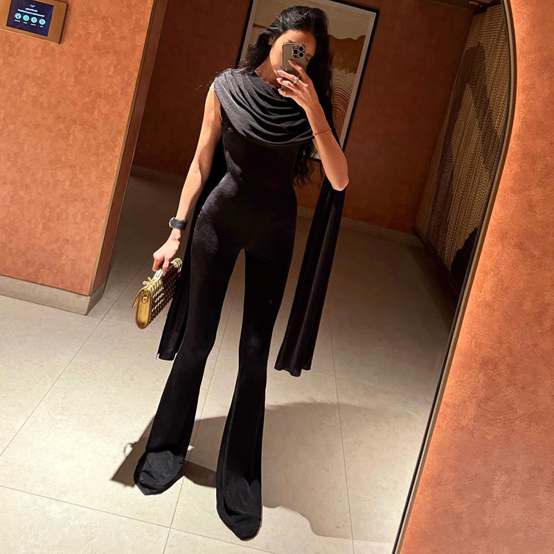 Elegant High-Waist Mesh Jumpsuit with Flowing Ribbons