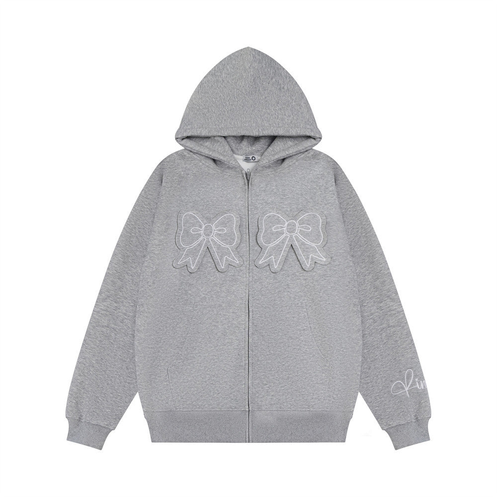 Chic Bow Embroidery Hooded Cardigan Sweater