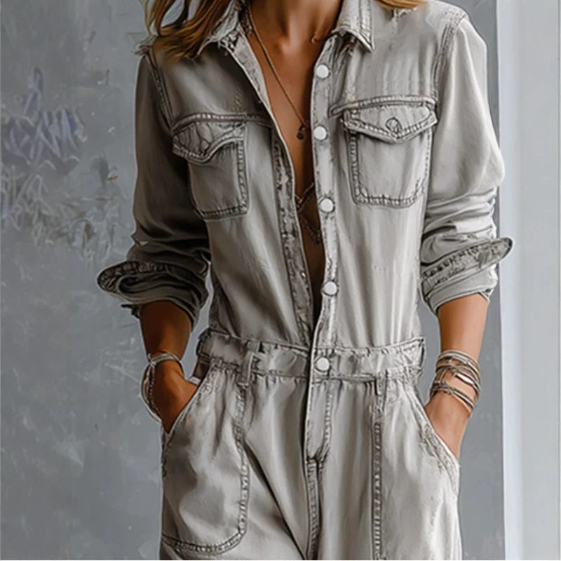Casual Light-gray Distressed Ripped Denim Jumpsuit