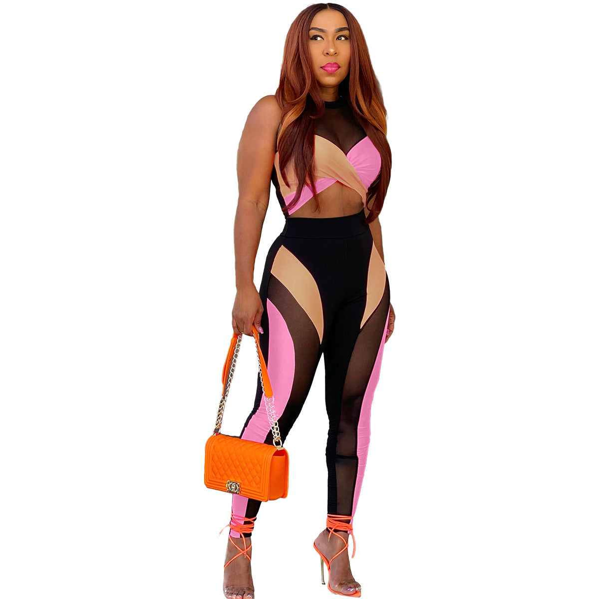 Color-Block Mesh Sexy Two-Piece Vest & Pants Set