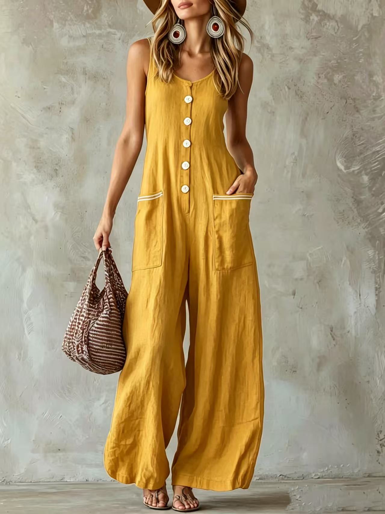 Button-front U-neck Solid-color Casual Jumpsuit