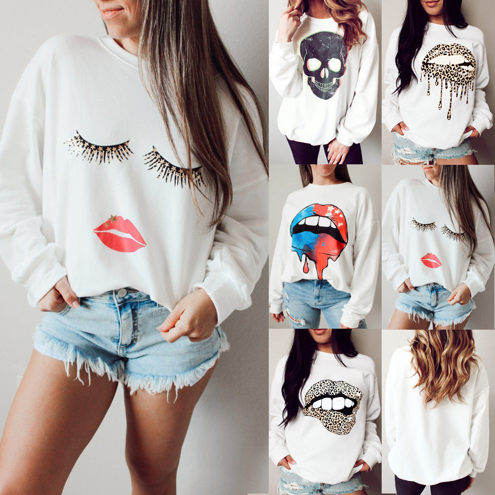 Chic Eyelash Lip Print Long Sleeve Loose Sweatshirt