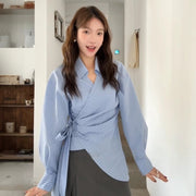 Korean-style Designer Belted Striped Shirt With A Cinched Waist