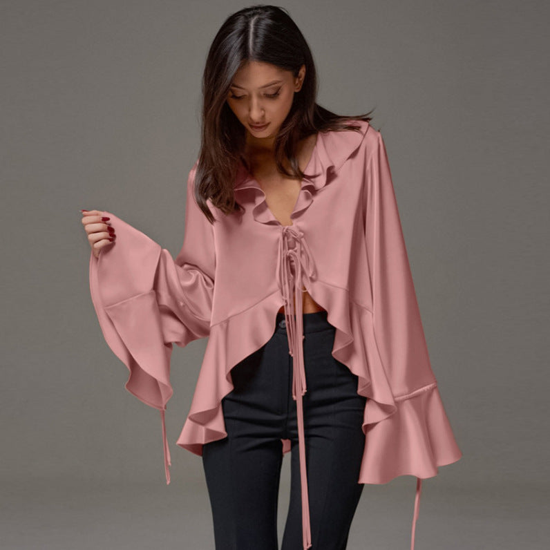 Elegant Lace-Up Long-Sleeve Crop Top – Flared Sleeves, Loose Fit