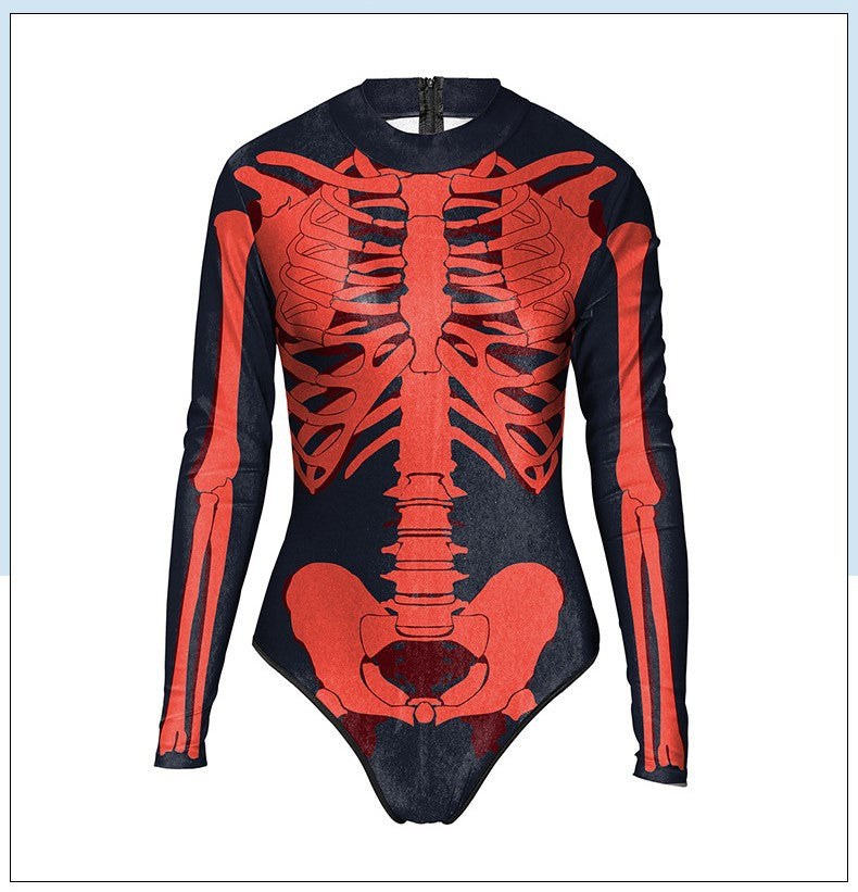 Women's Long-sleeved 3d Digital Printing Skull Skeleton One-piece Swimsuit