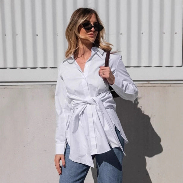 Elegant White Lace-up Waist Trimming Fashion Lapel Cotton Women's Shirt