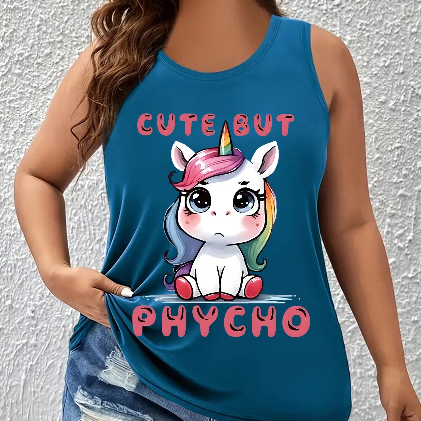 Plus Size Women's Unicorn Print Tank Top – Round Neck, All‑Season