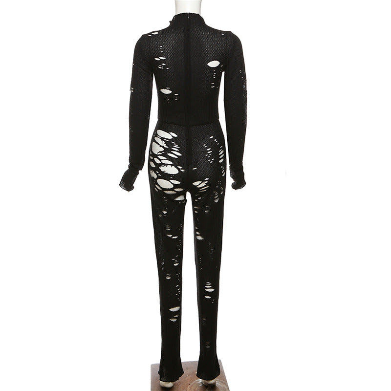 Women's Ripped Hollow-Out High-Waist Knit Jumpsuit