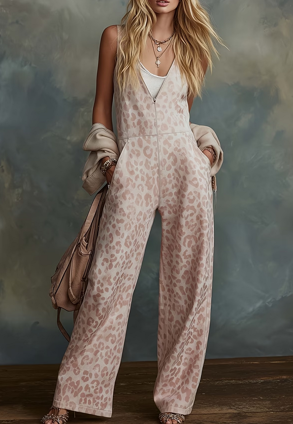 Women's American Retro Leopard Print V-Neck Zipper Wide-Leg Overalls Jumpsuit