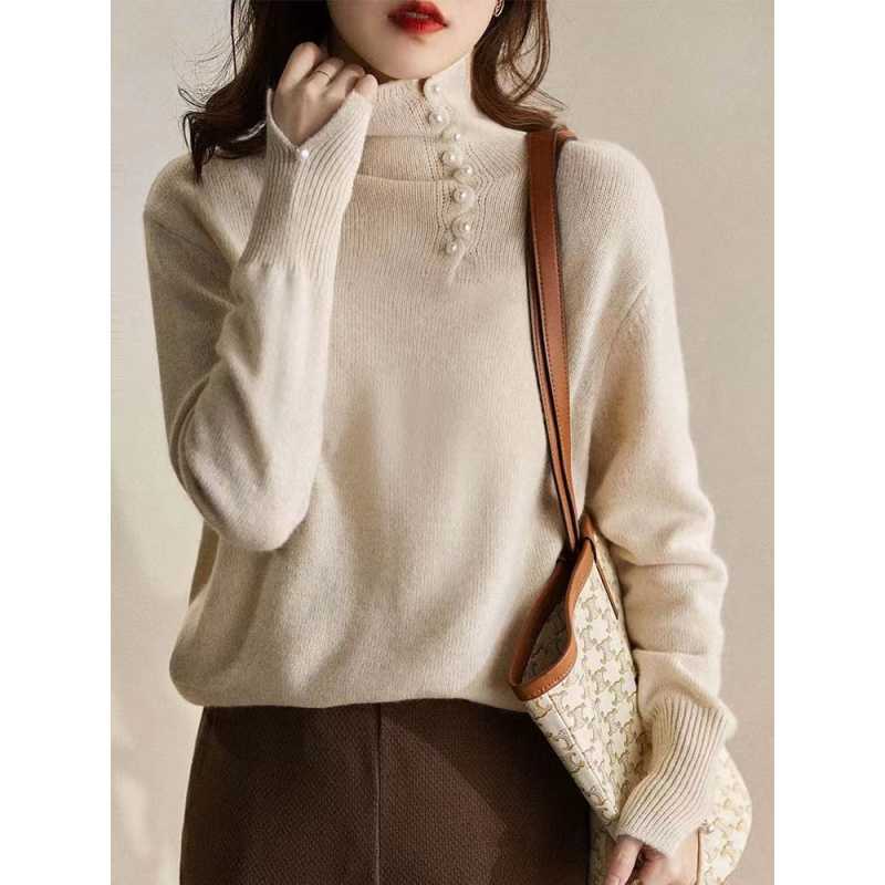 Craft Design Button Warm Turtleneck Comfortable Sweater for Women Mlzy84274