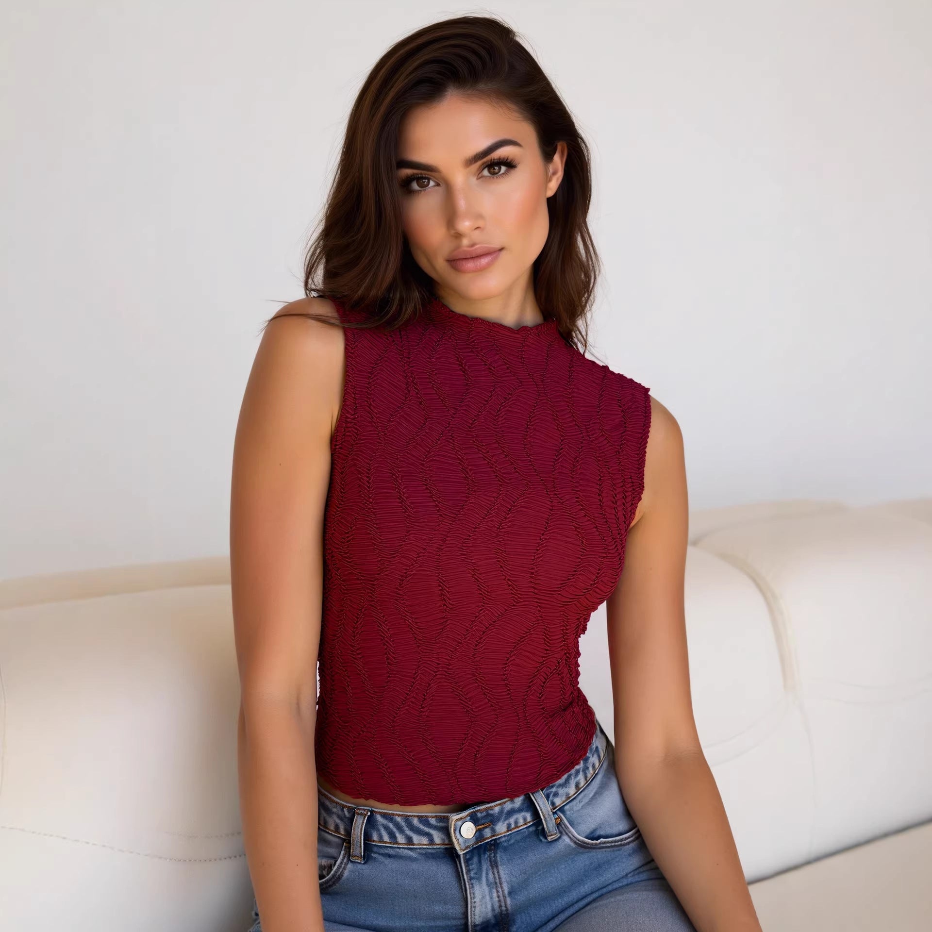Wine Red Slim Fit Textured Half-High Neck Top – Summer Base Layer