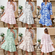 Womens V-neck Floral-print Flared-sleeve Dress