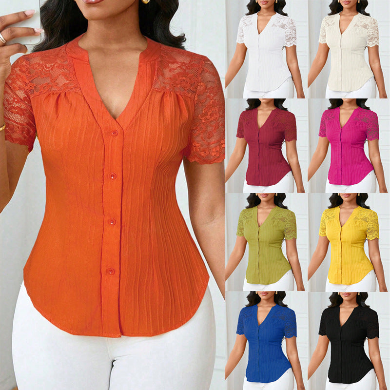 Slim-Fit Embroidered Hollow-Out Top – Trendy Street Style Short Sleeve