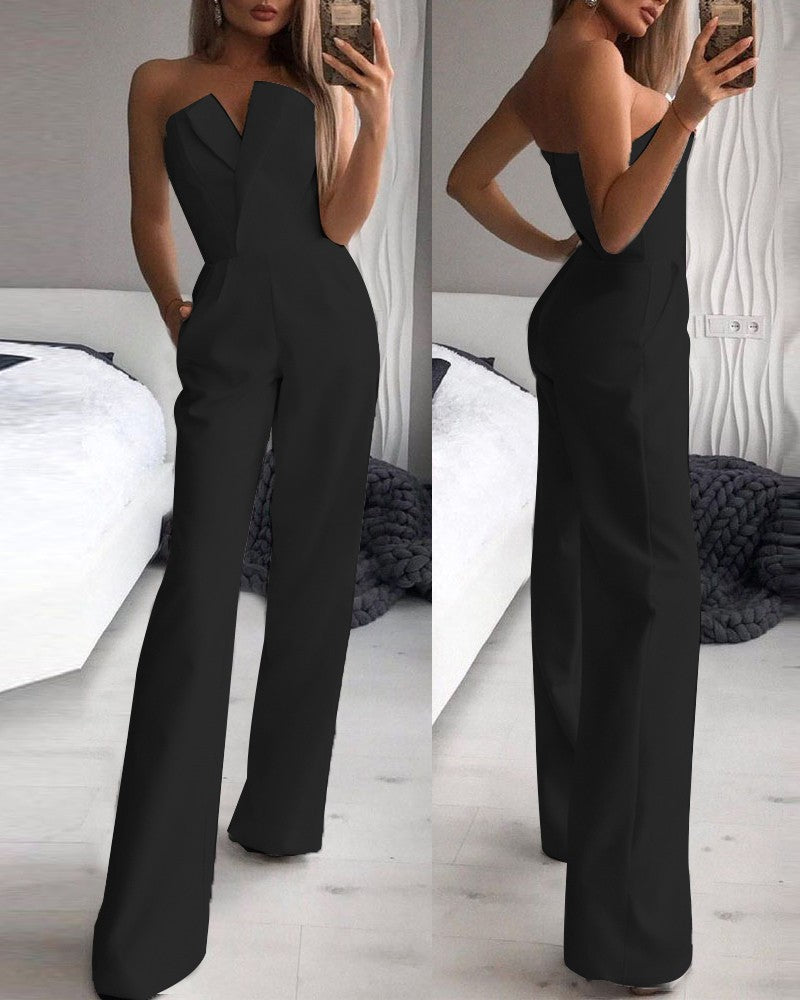Women's Elegant Mid-Waist Straight-Leg Commuter Jumpsuit