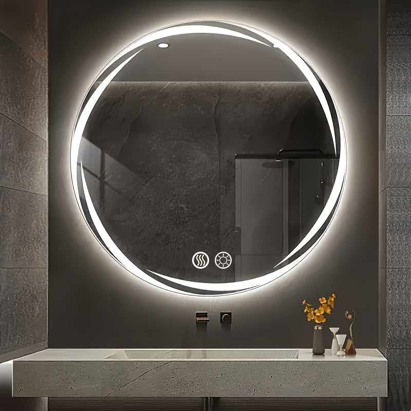 [Dimmable LED Bathroom Mirror] Dimmable Anti-Fog Circular LED Bathroom Mirror With Lights | High Definition Makeup Mirror, Wall-Mounted Vanity Mirror, Memory Function, Tempered Glass, Shatter-Proof…