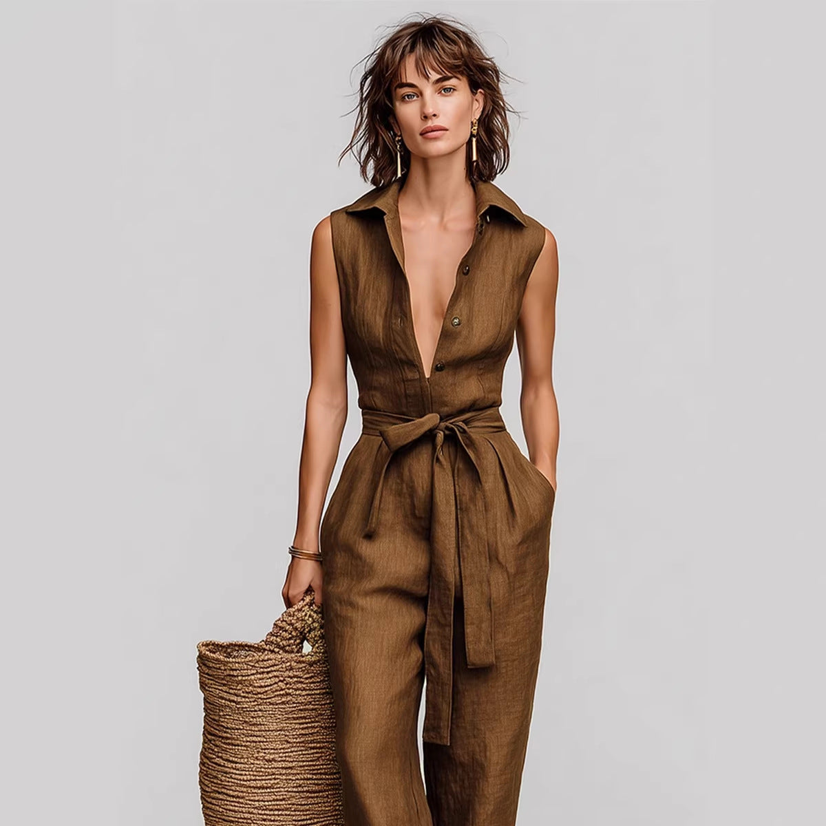 Retro Sleeveless Lapel Collar Lace-up Jumpsuit Womens Clothing