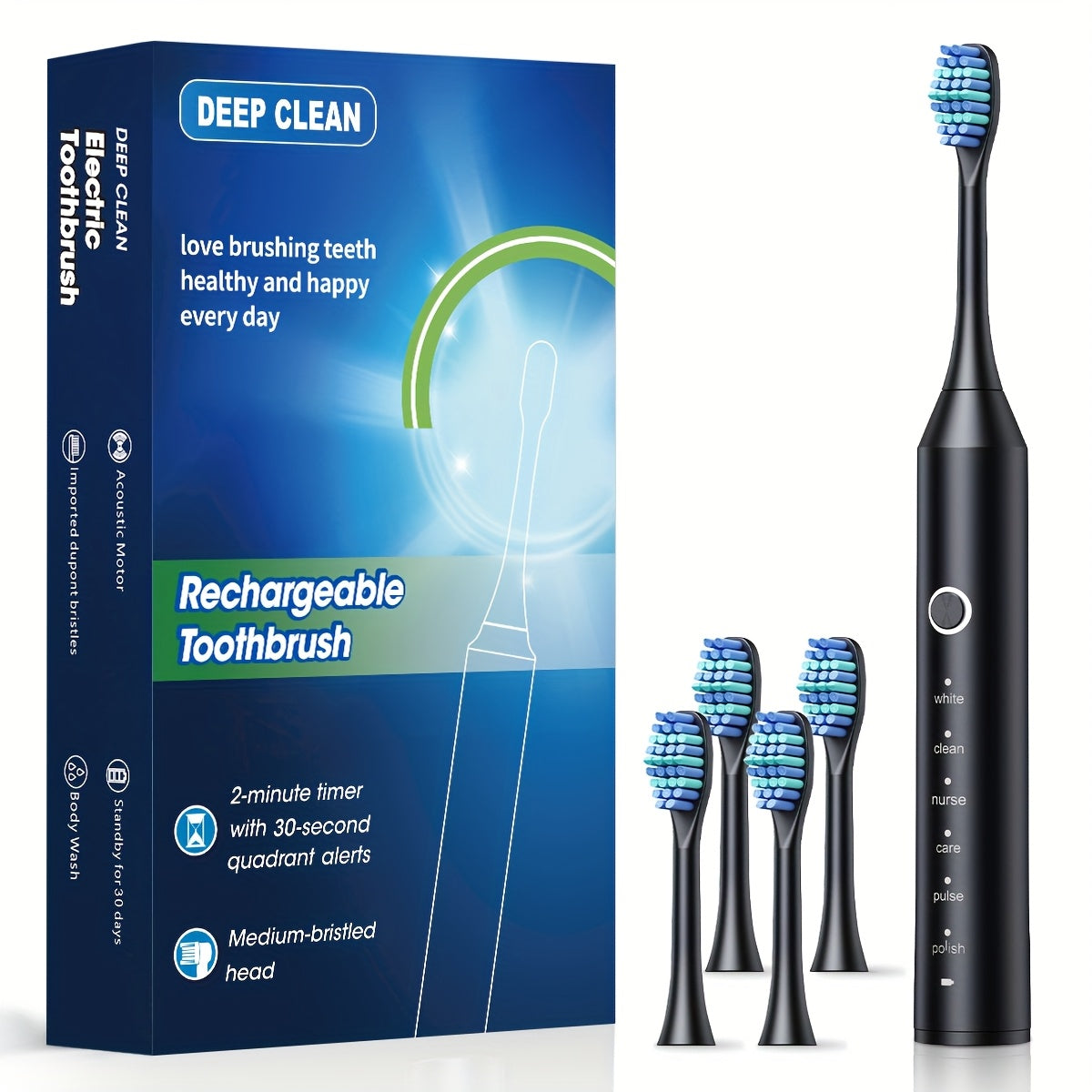 Rechargeable Electric Toothbrush with 6 Cleaning Settings and USB Charging