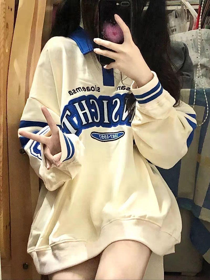 Retro Japanese Color-Block Loose Long Sleeve Pullover Sweatshirt