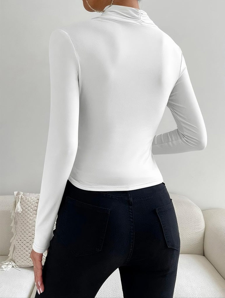 Cross Collar Pleated Slim Long Sleeve Top