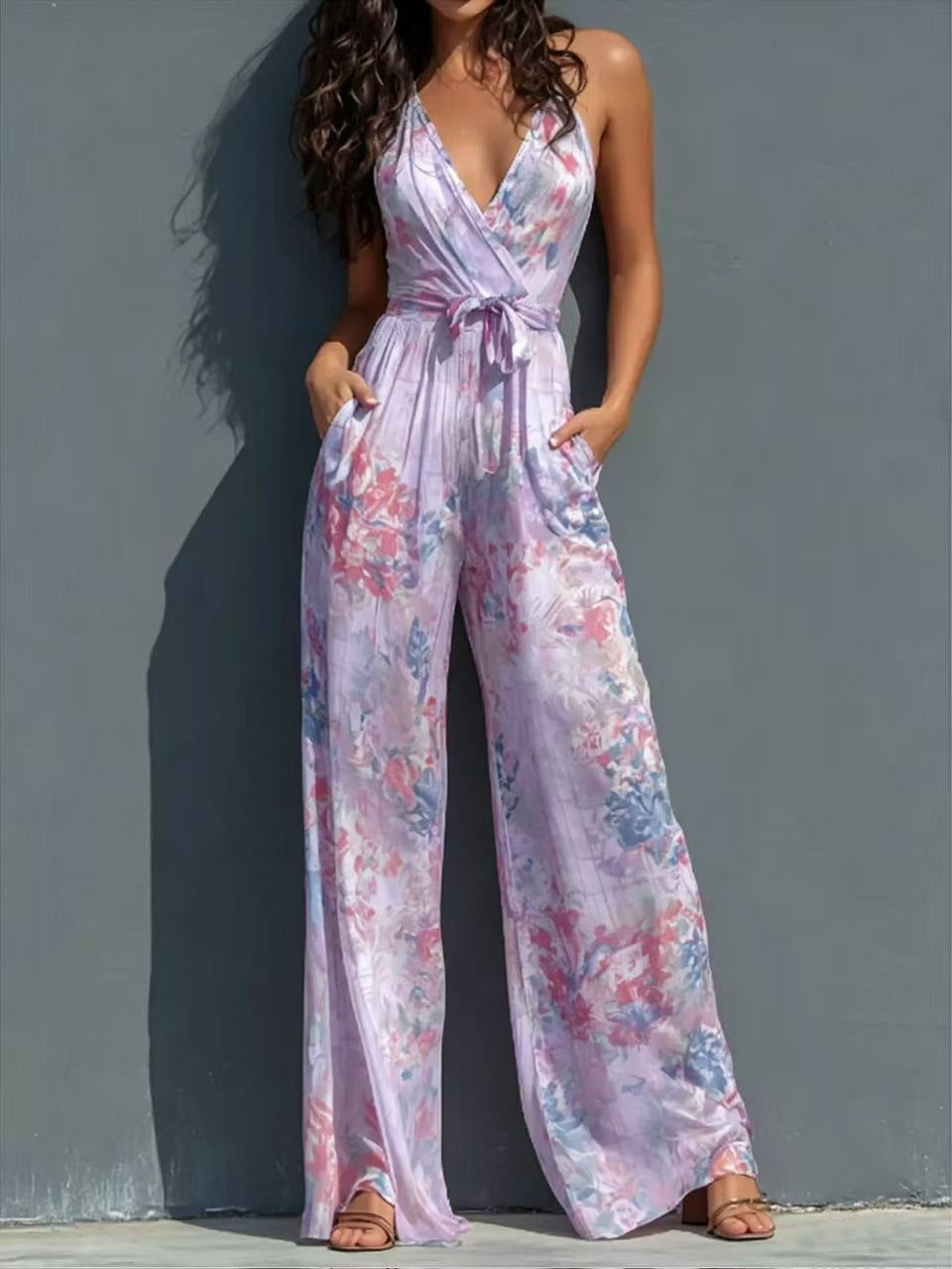 Women's Halter Deep-V Floral Wide-Leg Jumpsuit
