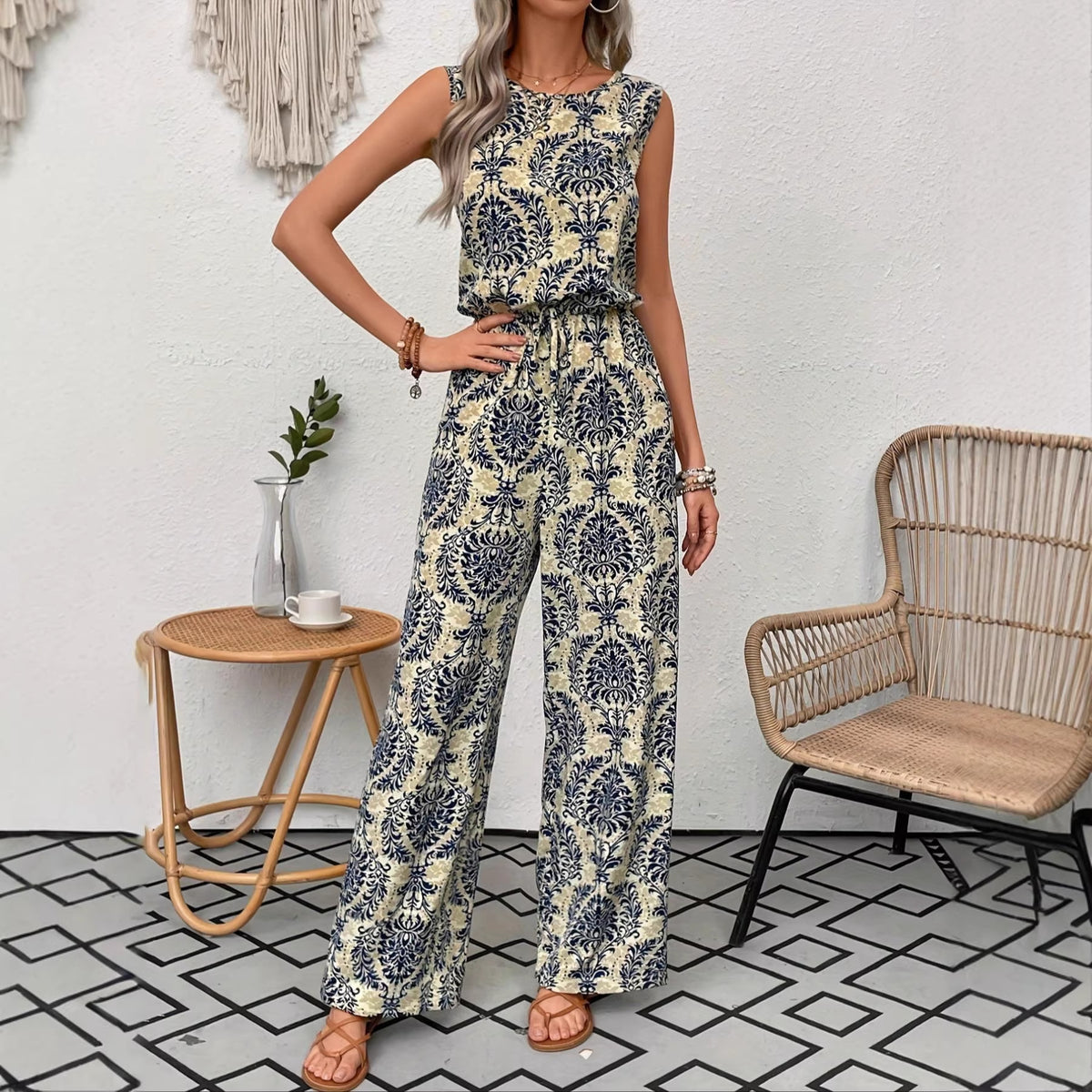 Floral Print Sleeveless Wide-Leg Jumpsuit