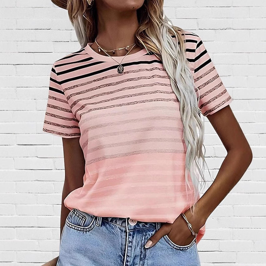 Vibrant Gradient Striped Short-Sleeve Top – Trendy Pink/Blue/Purple