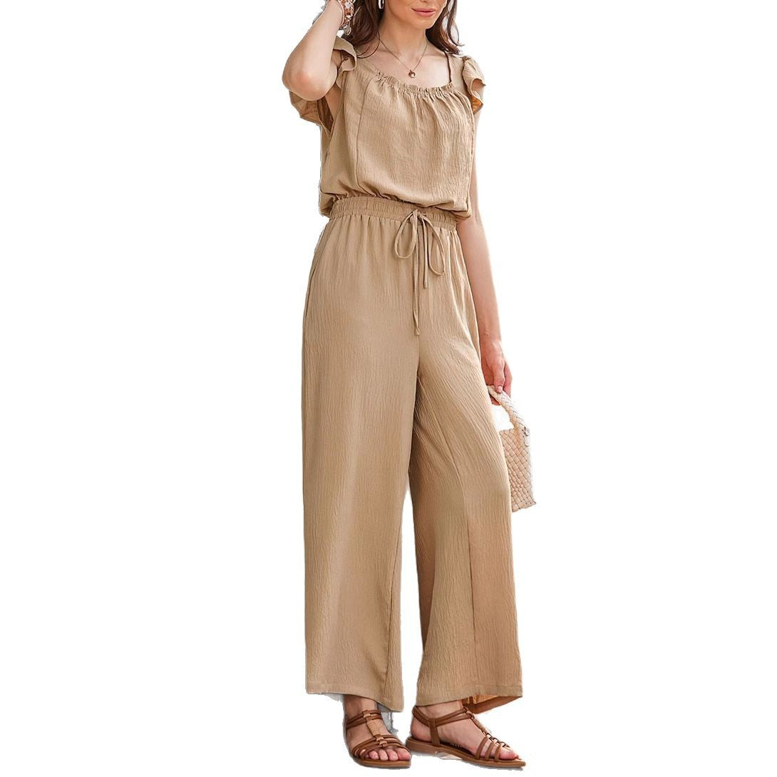 Solid-color Sleeveless Ruffle-sleeve One-piece Jumpsuit For Women