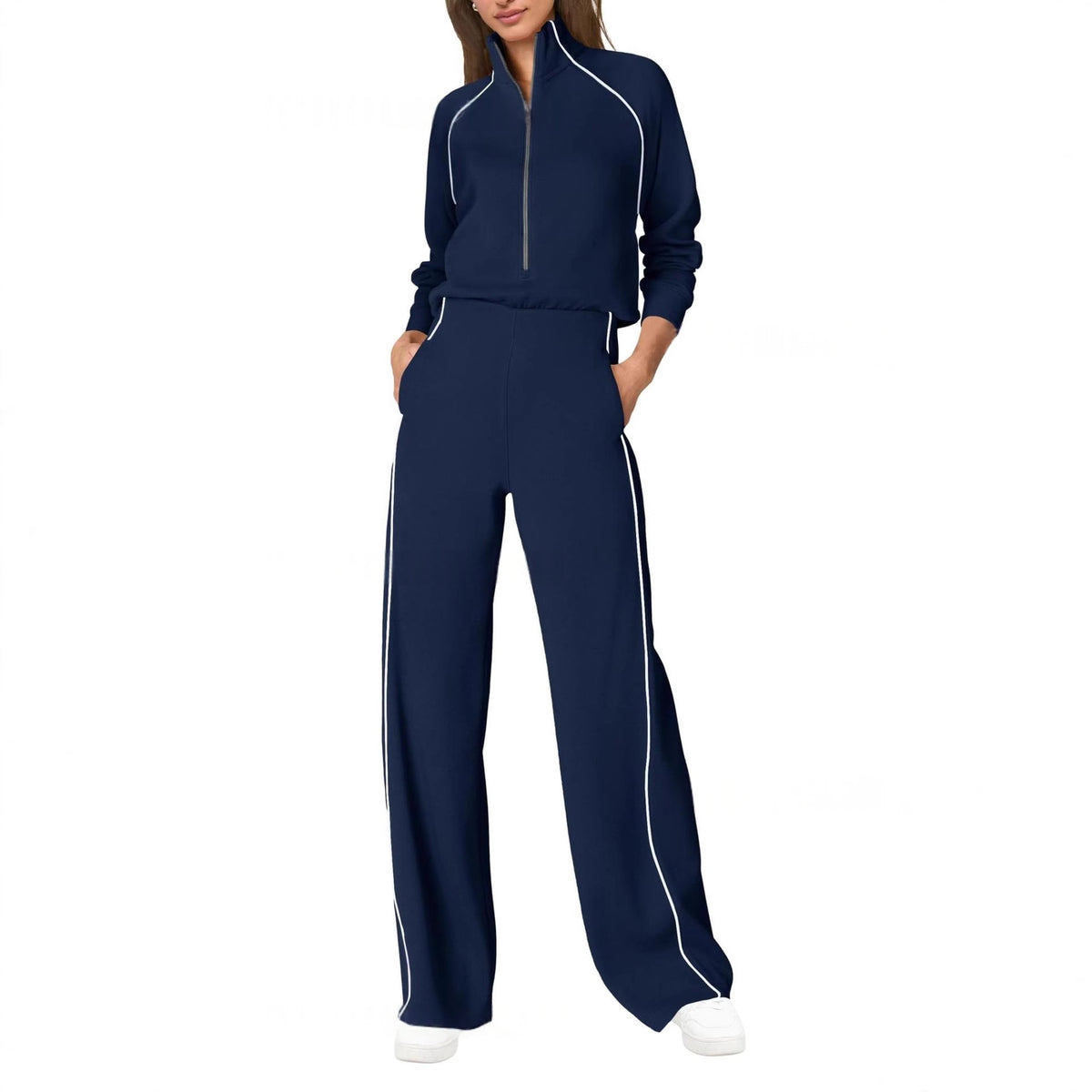 Color-Block Half-Zip Casual Sports Jumpsuit