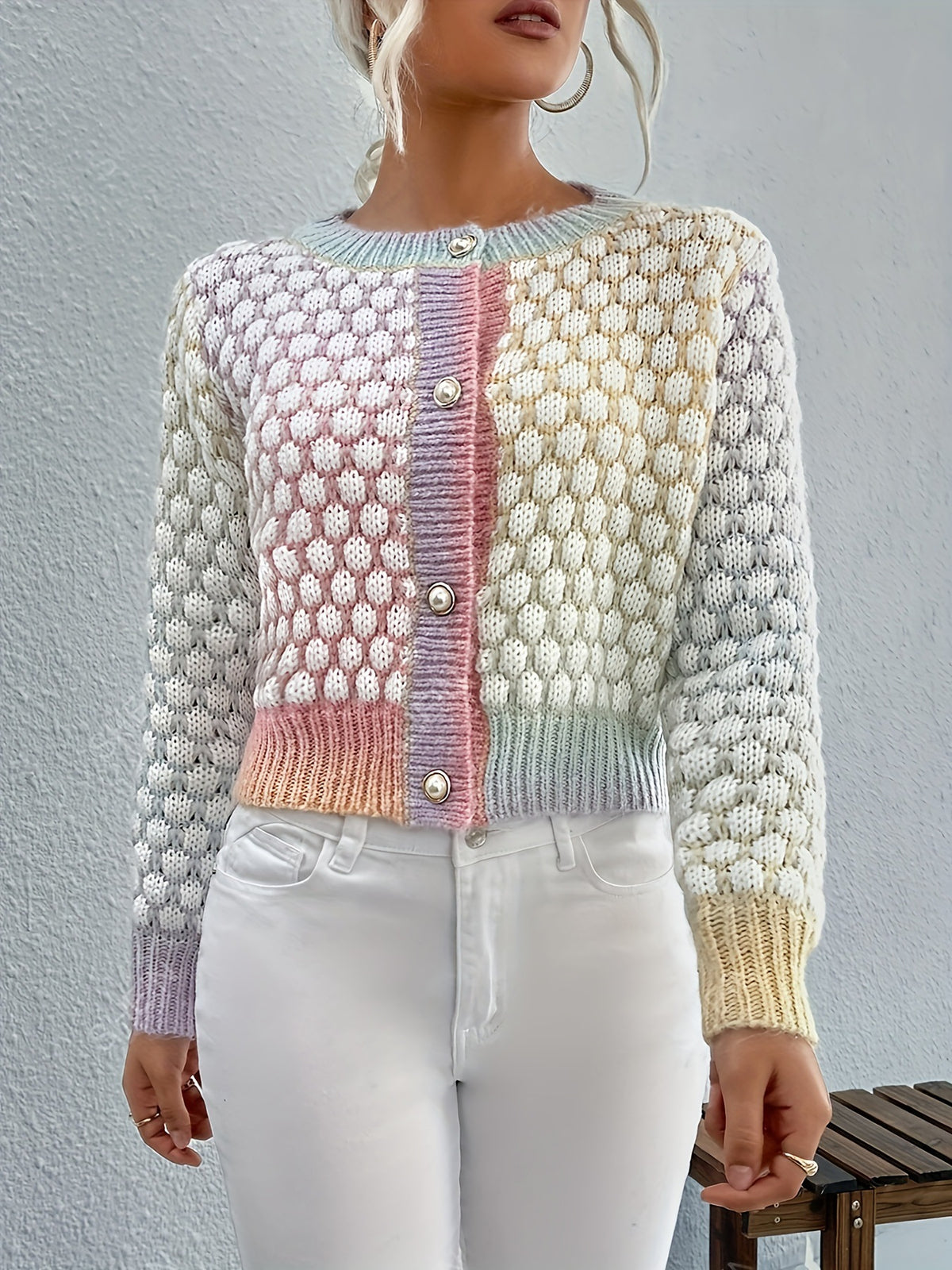 Women's Gradient Color Round Neck Sweater Cardigan