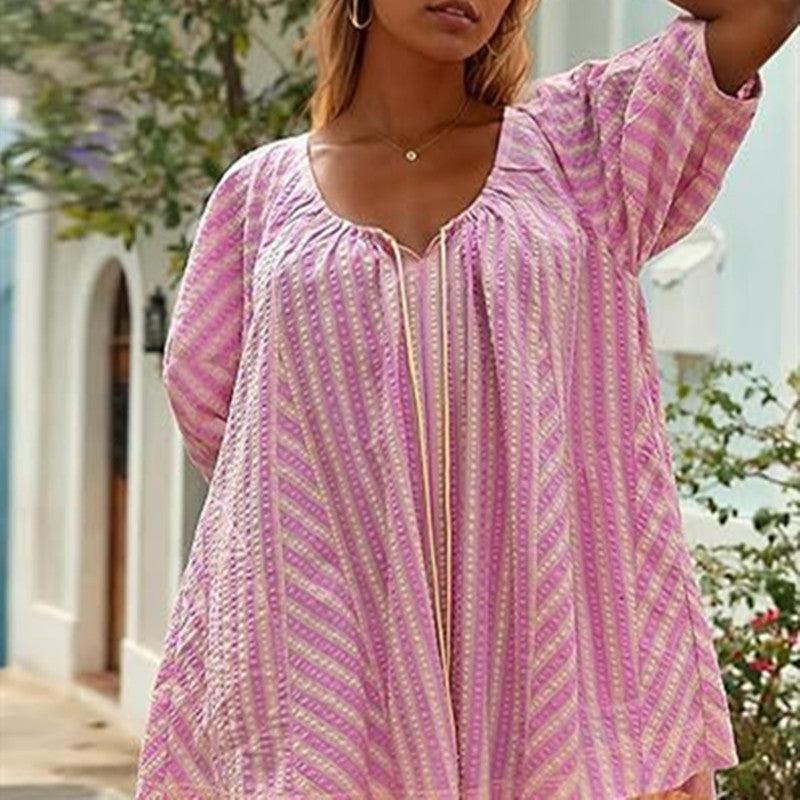 Striped V-Neck Short Sleeve Loose Casual Jumpsuit