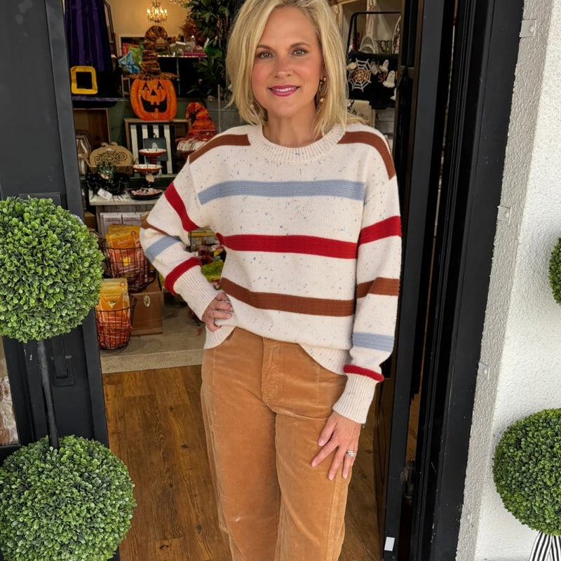 Beige Striped Off-shoulder Knit Top with Topstitching