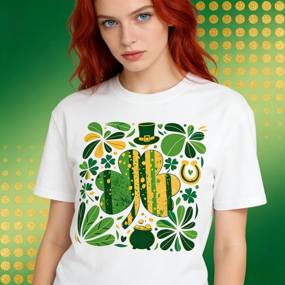 Lucky Clover Short-Sleeve Shirt – Trendy Cotton Tee