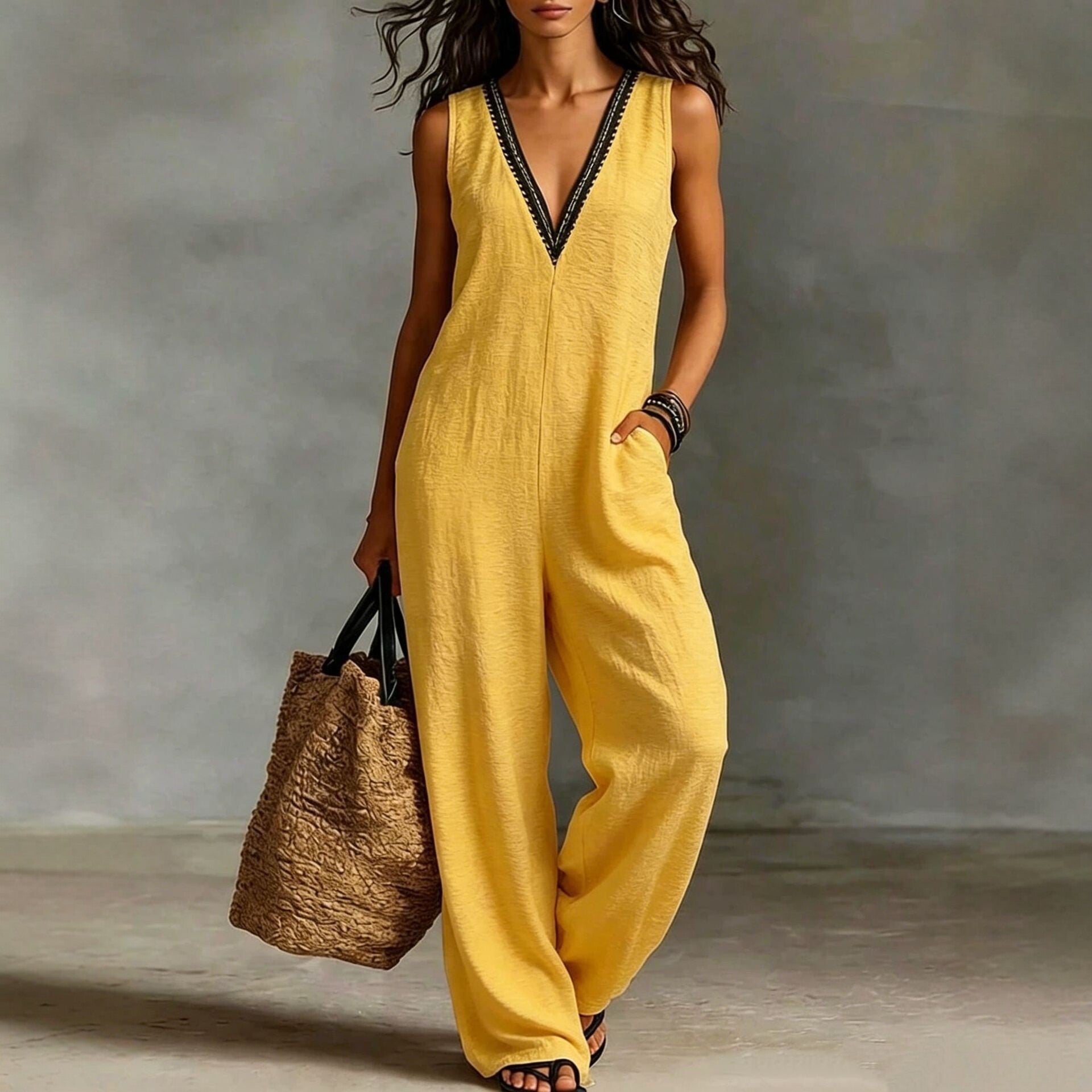 New Womens V-neck Sleeveless Wide-leg Jumpsuit