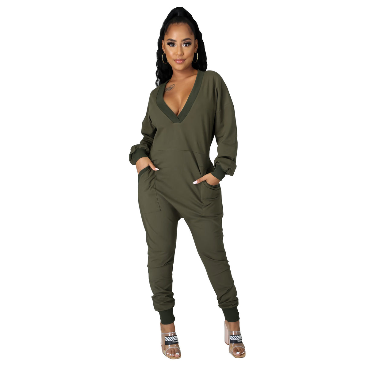 Chic Deep V-Neck Pocket Harem Jumpsuit