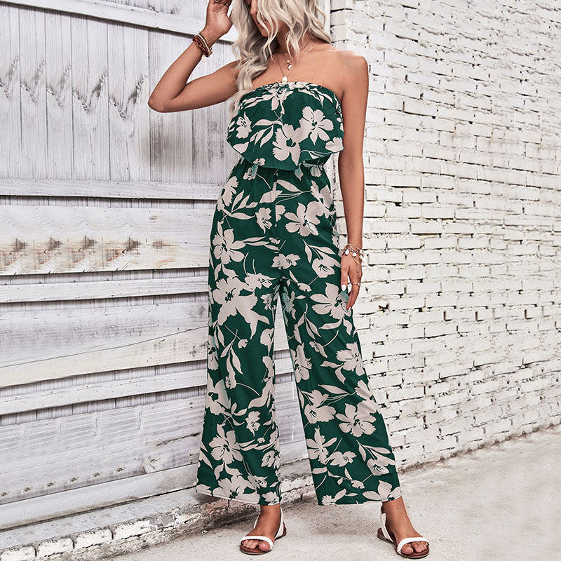 European And American-style Womens Strapless Printed Jumpsuit