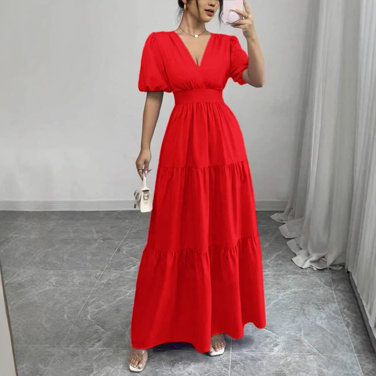 Solid-color Short-sleeve High-waisted Long Dress for Women