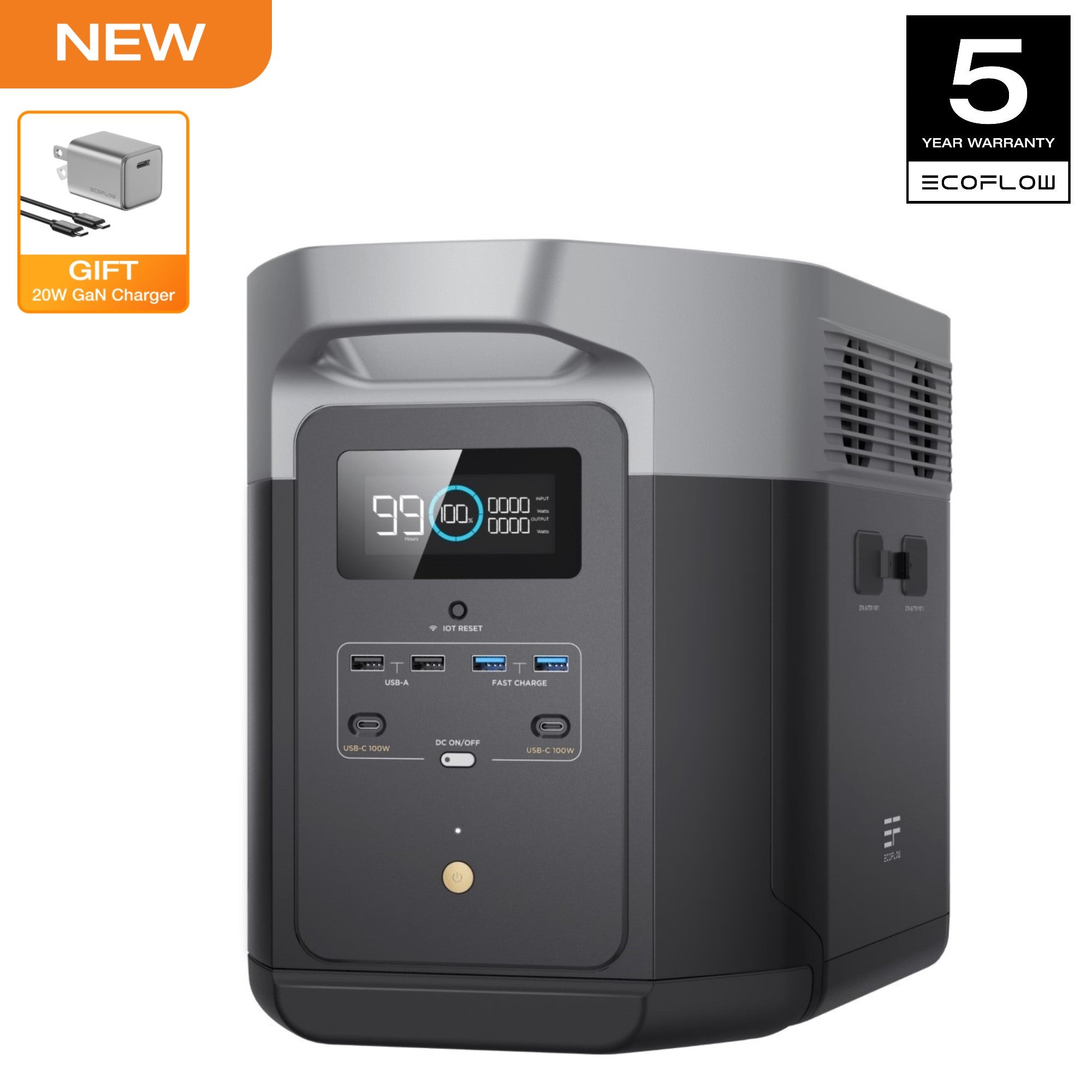 Rapid 20W GaN‑C Charger with 1900Wh LiFePO4 Battery Portable Power Station, 2400W AC Output (up to 3400W with X‑Boost), Solar Power Bank, 1.5‑Hour Full Solar Charge